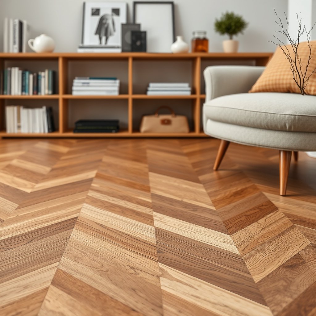 Materials needed for herringbone flooring: boards, underlayment, adhesive, and finish.