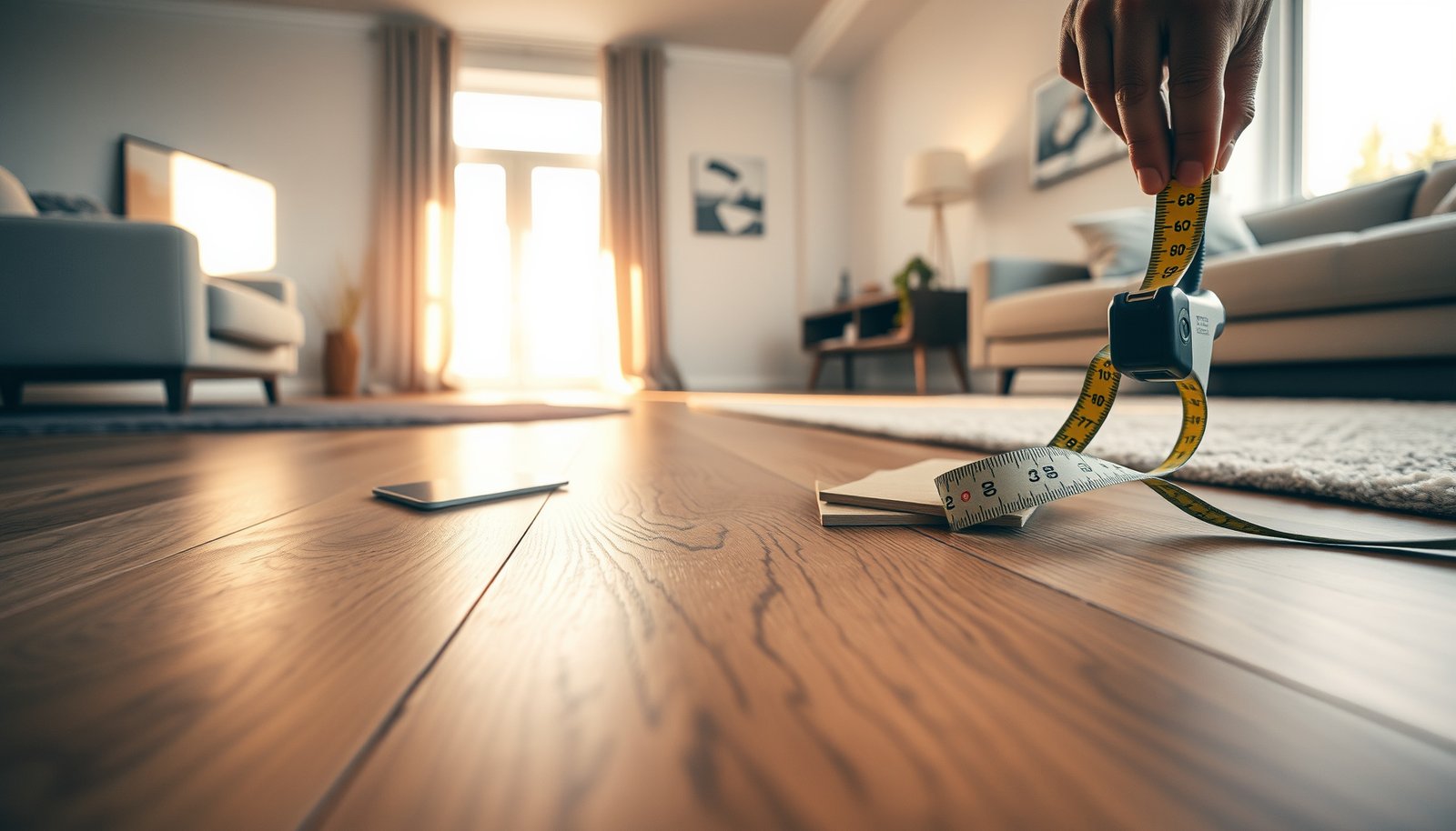 A living room with laminate flooring, showcasing how to estimate costs for installation and materials.