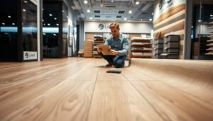 A retail store display showcasing laminate flooring options for cost estimation.