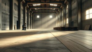 A warehouse setting with laminate flooring, illustrating cost estimation methods for laminate floors.