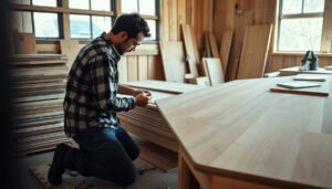 A workshop scene showing laminate flooring samples and a calculator for cost estimation.