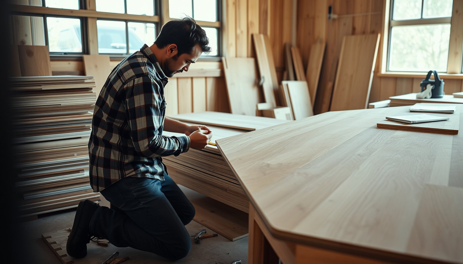 A workshop scene showing laminate flooring samples and a calculator for cost estimation.