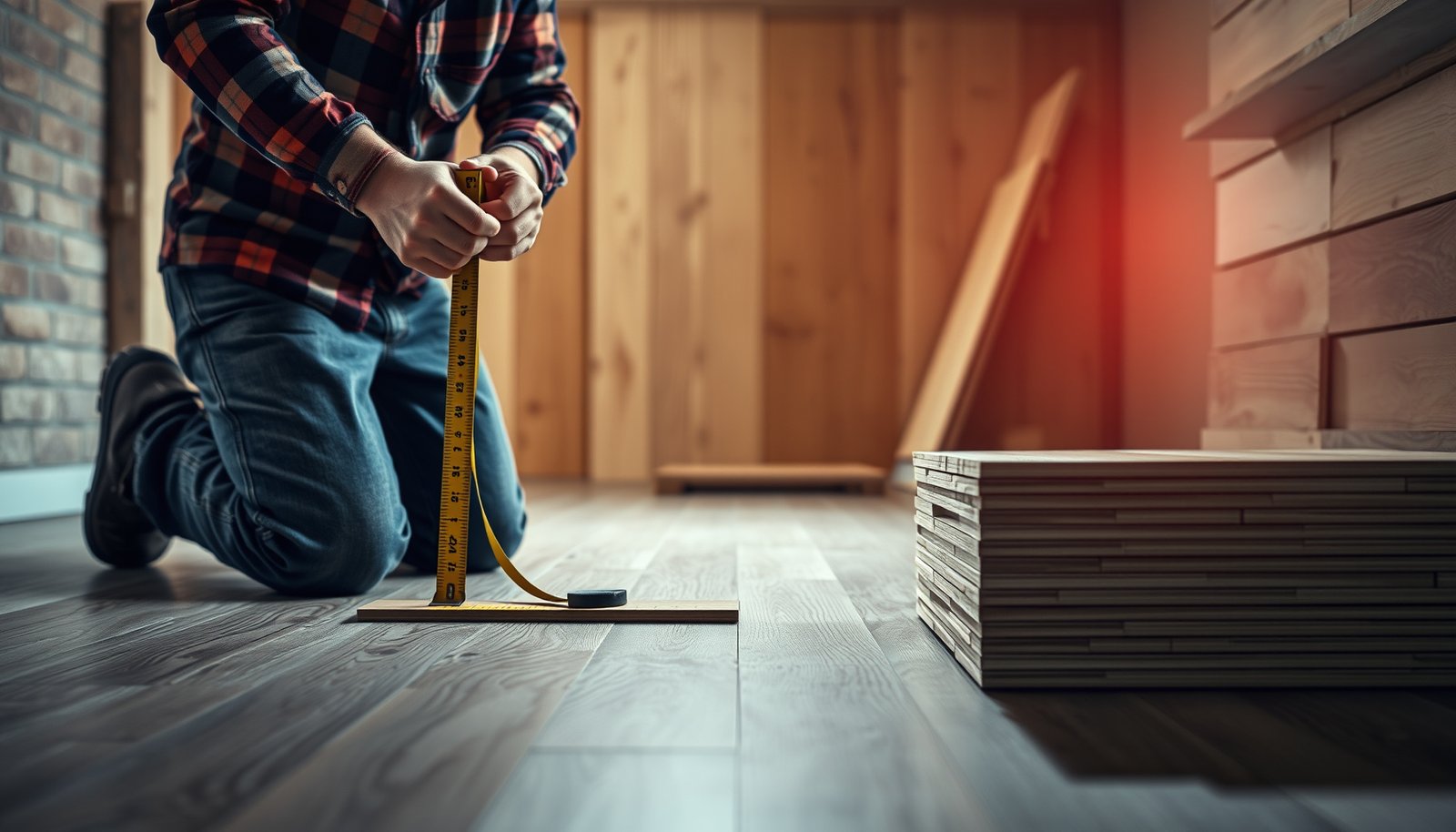 A calculator and laminate floor samples for estimating costs in a basement renovation project