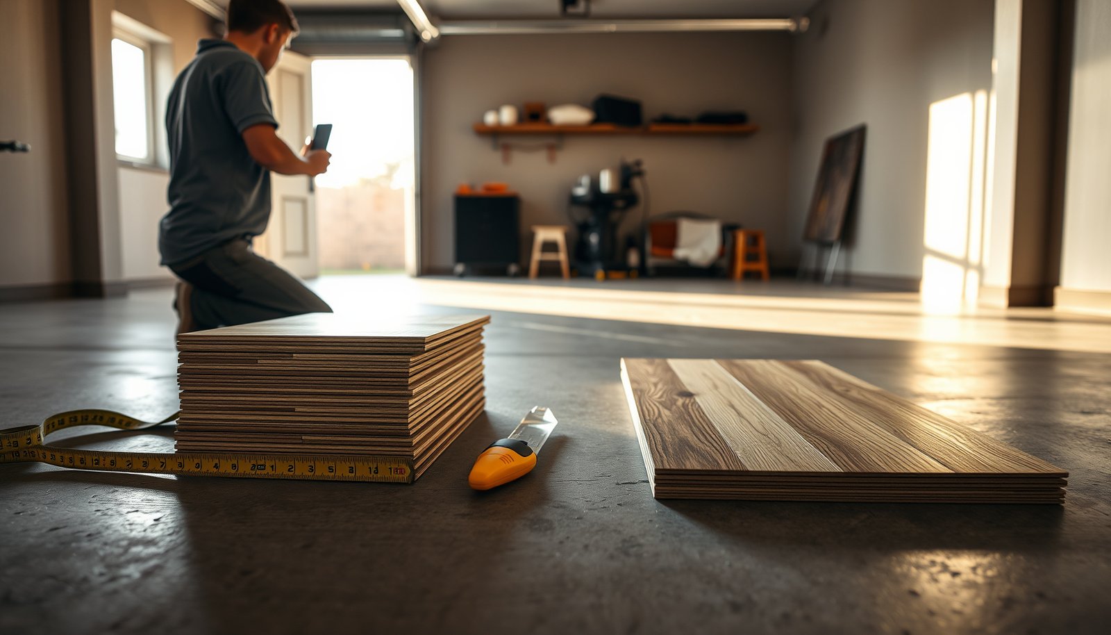 A calculator and laminate flooring samples for estimating garage flooring costs.