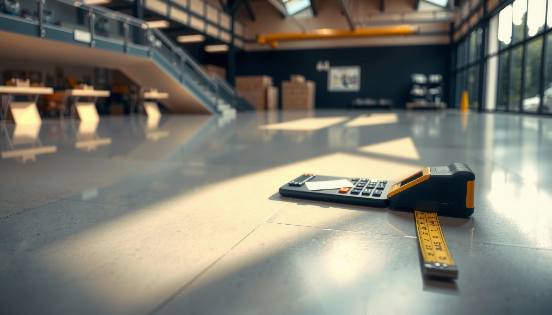 A calculator and polished concrete samples for estimating costs of polished concrete floors.