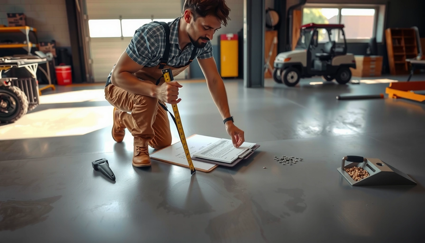 A calculator and flooring samples used to estimate the cost of polyaspartic floors.