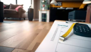 A calculator and vinyl flooring samples for estimating sheet vinyl floor costs.