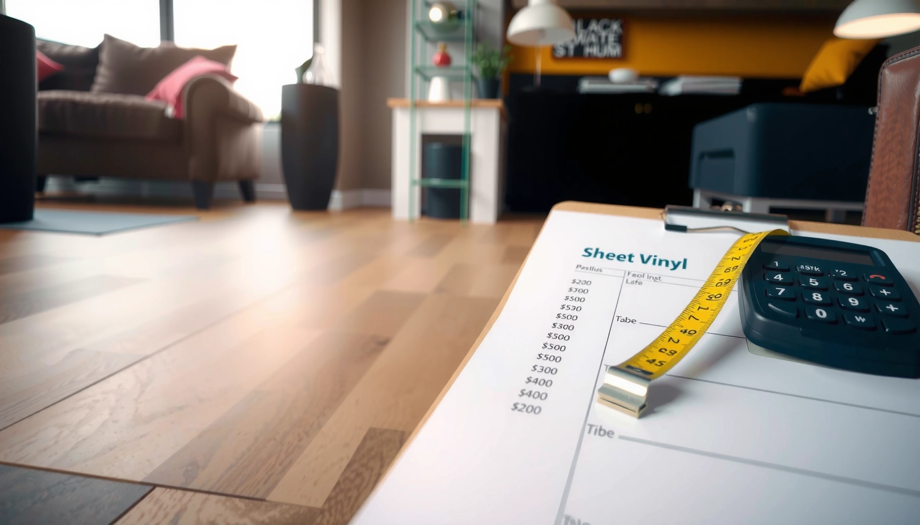A calculator and vinyl flooring samples for estimating sheet vinyl floor costs.