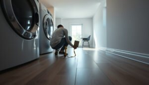 A laundry room with vinyl flooring, showcasing the cost estimation process for vinyl floors.