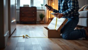 A calculator and vinyl flooring samples illustrating how to estimate vinyl floor costs for rental properties.