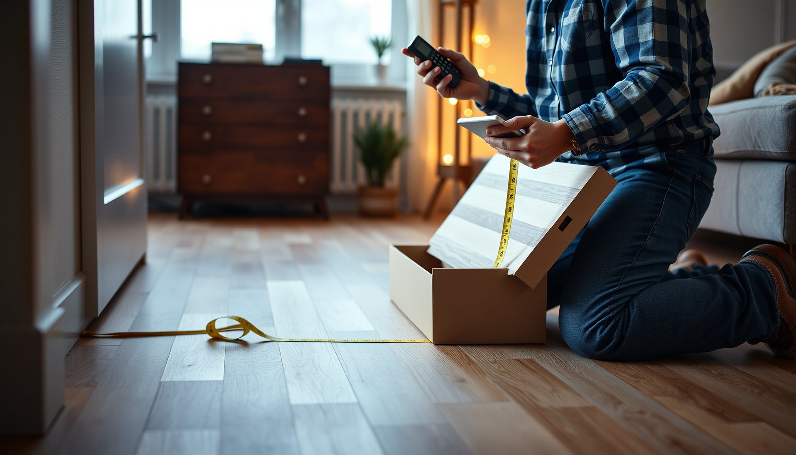 A calculator and vinyl flooring samples illustrating how to estimate vinyl floor costs for rental properties.