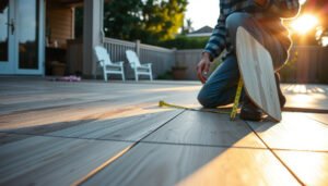 A calculator and vinyl floor samples for estimating patio flooring costs.