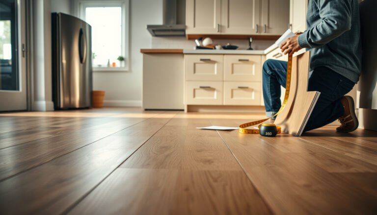 A kitchen with vinyl flooring, highlighting cost estimation for vinyl floors in home renovations.