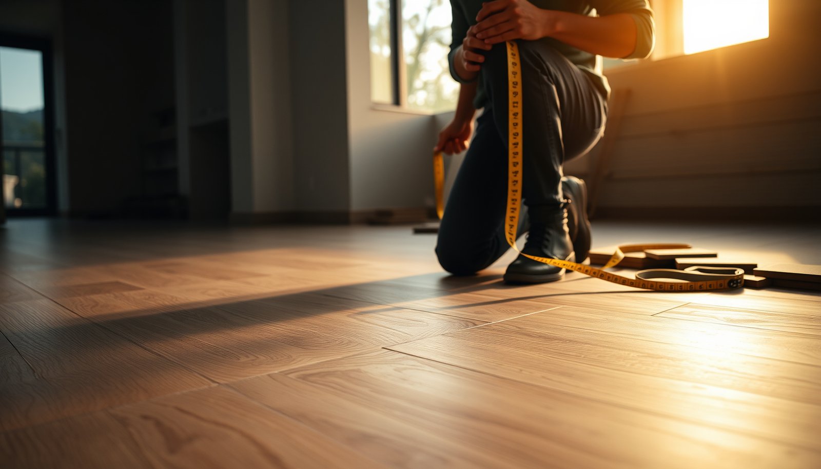 A calculator and wood-look tile samples for estimating flooring costs.