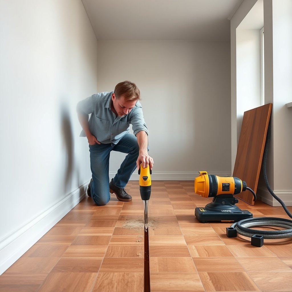 A close-up of a person applying filler to hairline gaps in a parquet floor.