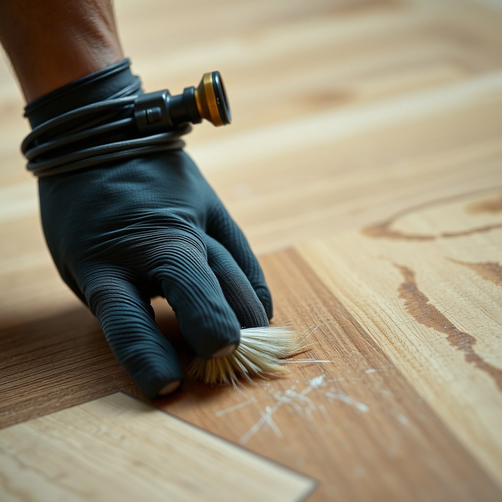 Applying wood filler to deeper scratches in parquet floor grooves for repair