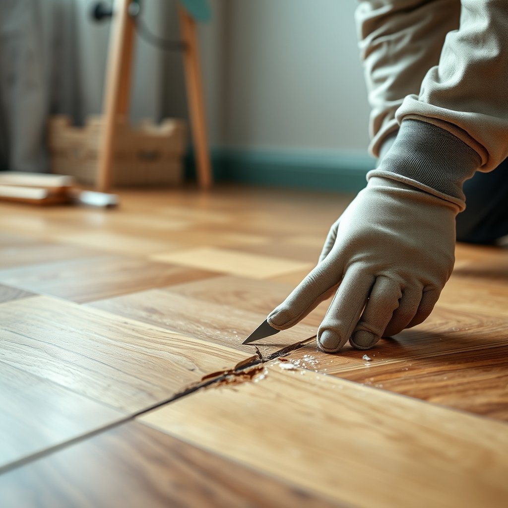 Close-up of a person filling small gaps and chips between parquet floor pieces with wood filler.