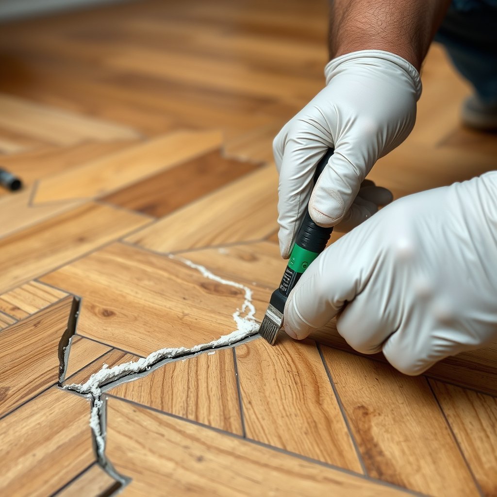 Close-up of a person filling hairline cracks in a herringbone floor with repair compound.