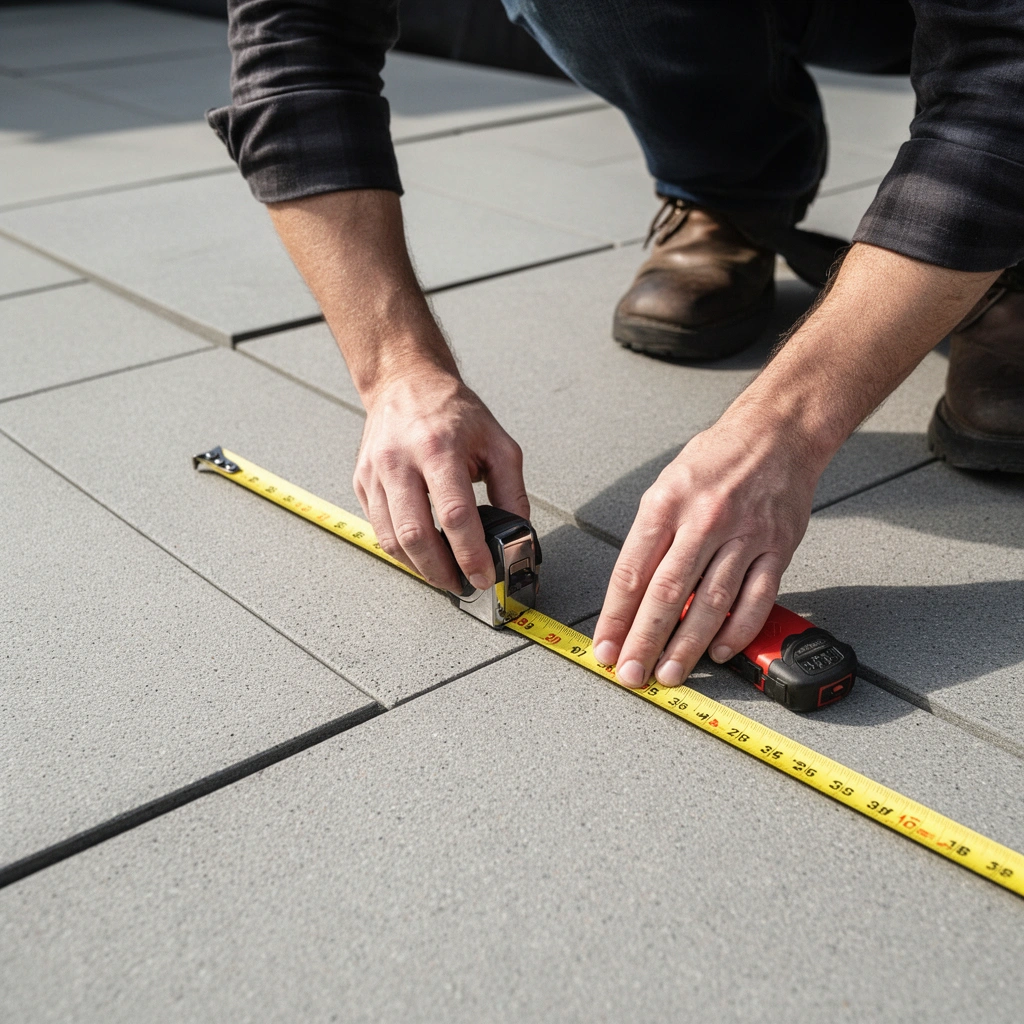 Measuring tape and notepad for outdoor flooring measurements in a guide