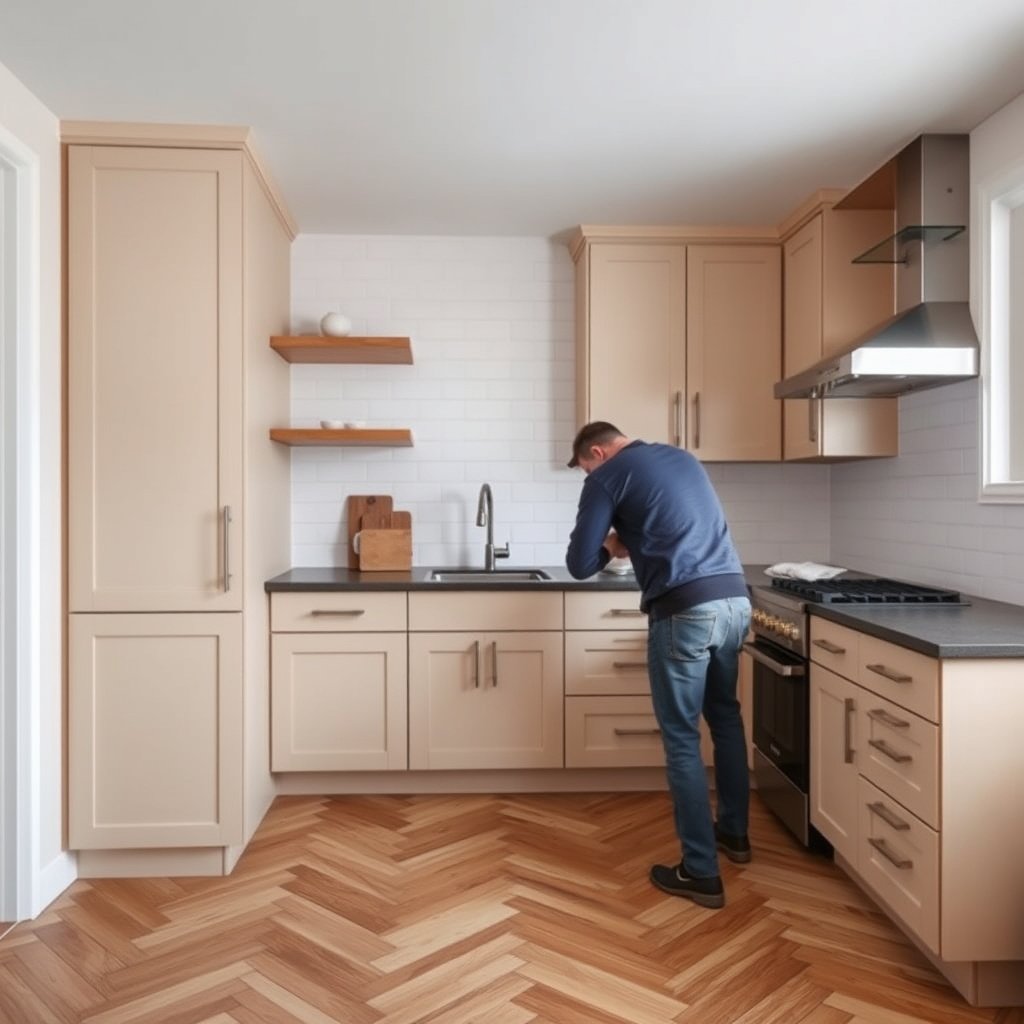 Cutting and fitting herringbone floor boards around cabinet legs and toe-kicks.