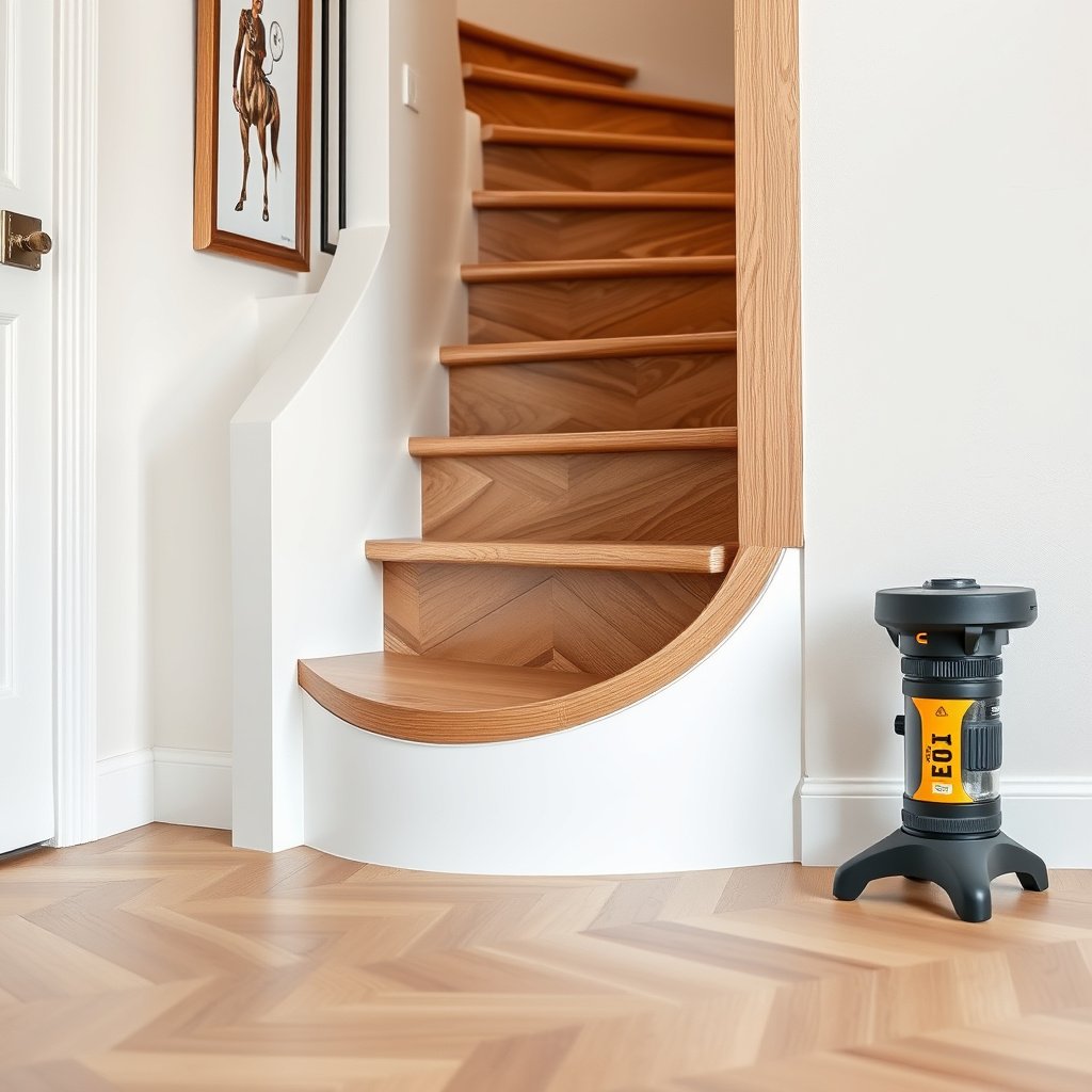 A detailed view of a cut strategy for fitting parquet flooring on stair treads for a neat finish.