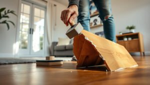Step-by-step guide to fixing peeling on parquet floors, showcasing tools and repair techniques.