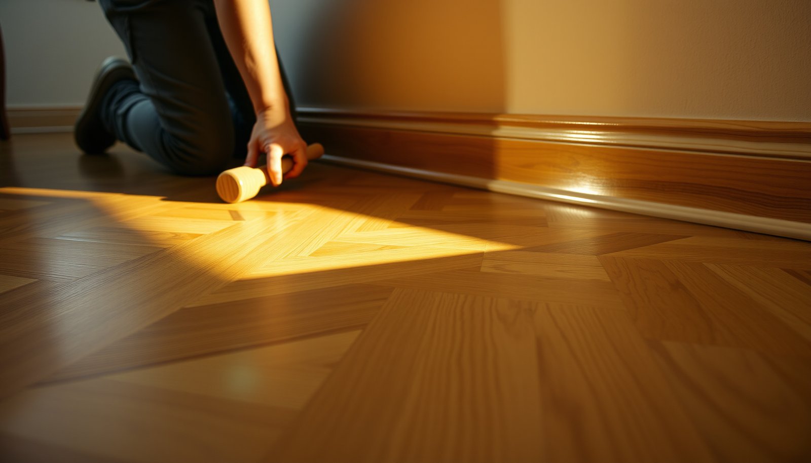 A close-up of herringbone floorboards with visible squeaks, illustrating quick solutions for floor maintenance.