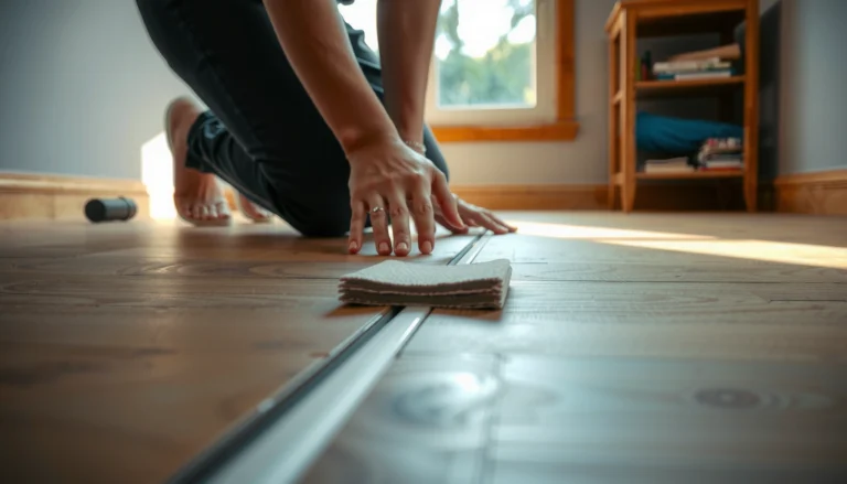 A person troubleshooting squeaks in laminate flooring with tools and materials.