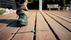 A close-up of a patio floor showing areas needing repair to fix squeaks effectively.