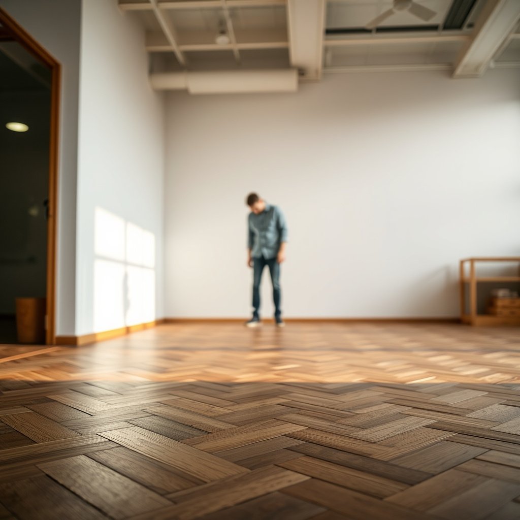 Inspecting and fixing traction killers on herringbone floors before applying finish.