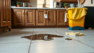 Step-by-step guide on fixing water damage on kitchen floors, showing tools and techniques.