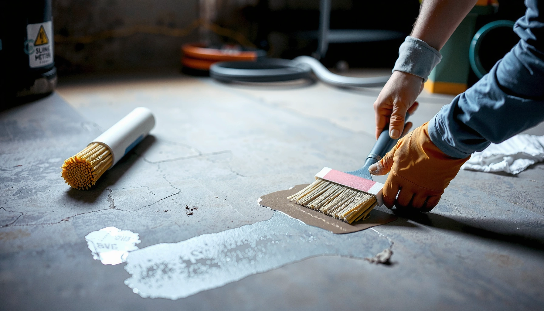 A person applying a solution to fix discoloration on a basement floor.
