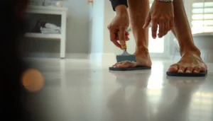 Step-by-step guide on fixing scratches on bathroom floors with tools and materials.