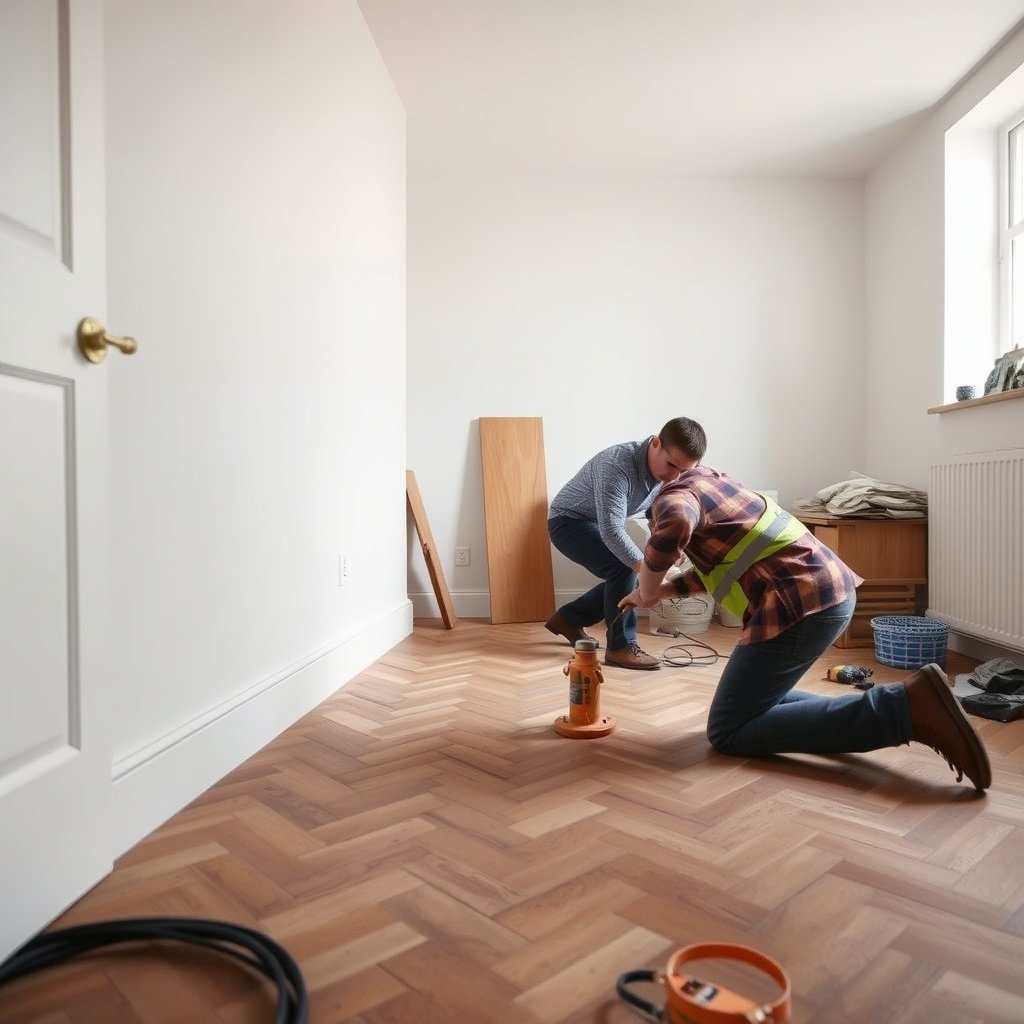 A close-up of a person fixing buckled herringbone floorboards with tools and materials.
