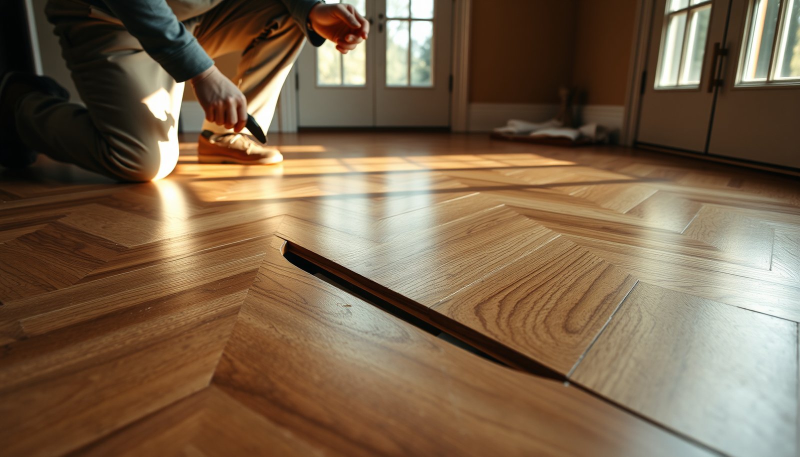Step-by-step guide to repairing buckling in chevron floors with tools and techniques.
