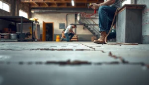 A professional repairing buckling in concrete floors with tools and techniques for effective restoration.