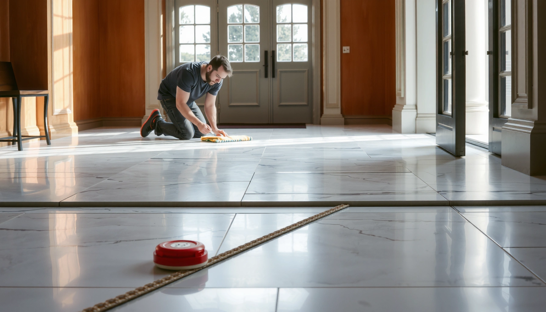 A professional repairing buckling in marble floors with tools and materials.