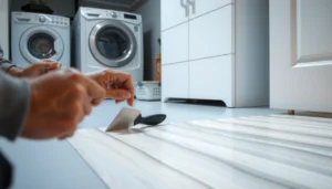 A person repairing buckled sheet vinyl flooring with tools and materials.