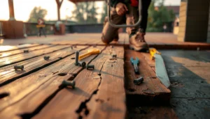 Step-by-step guide on fixing buckling in outdoor floors with tools and materials.