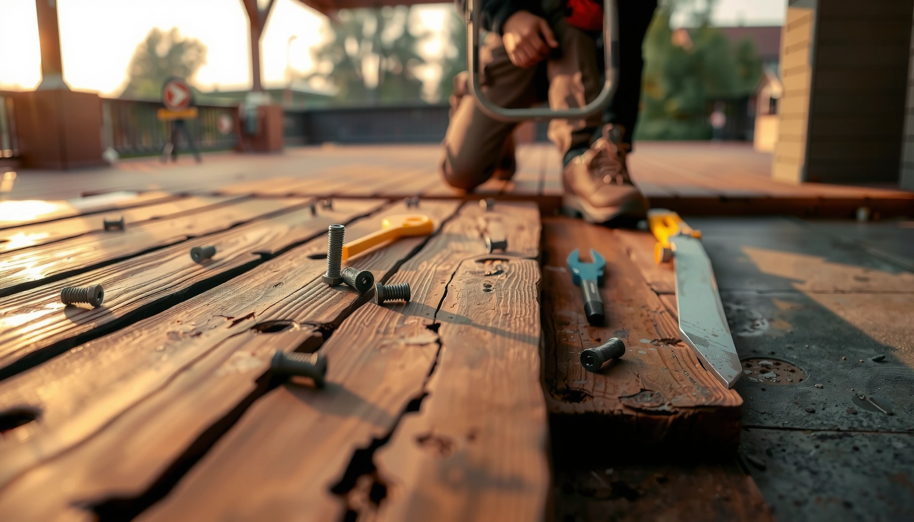 Step-by-step guide on fixing buckling in outdoor floors with tools and materials.