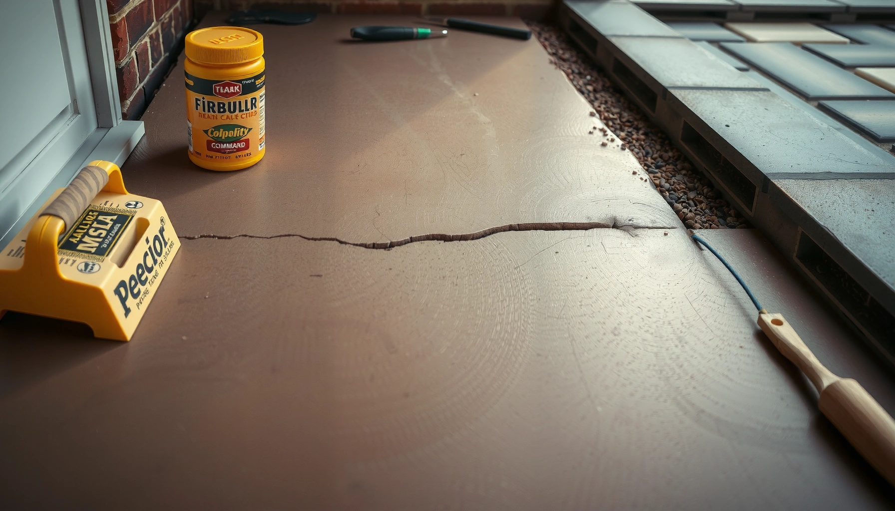 Step-by-step guide on fixing buckling in patio floors with tools and materials shown.