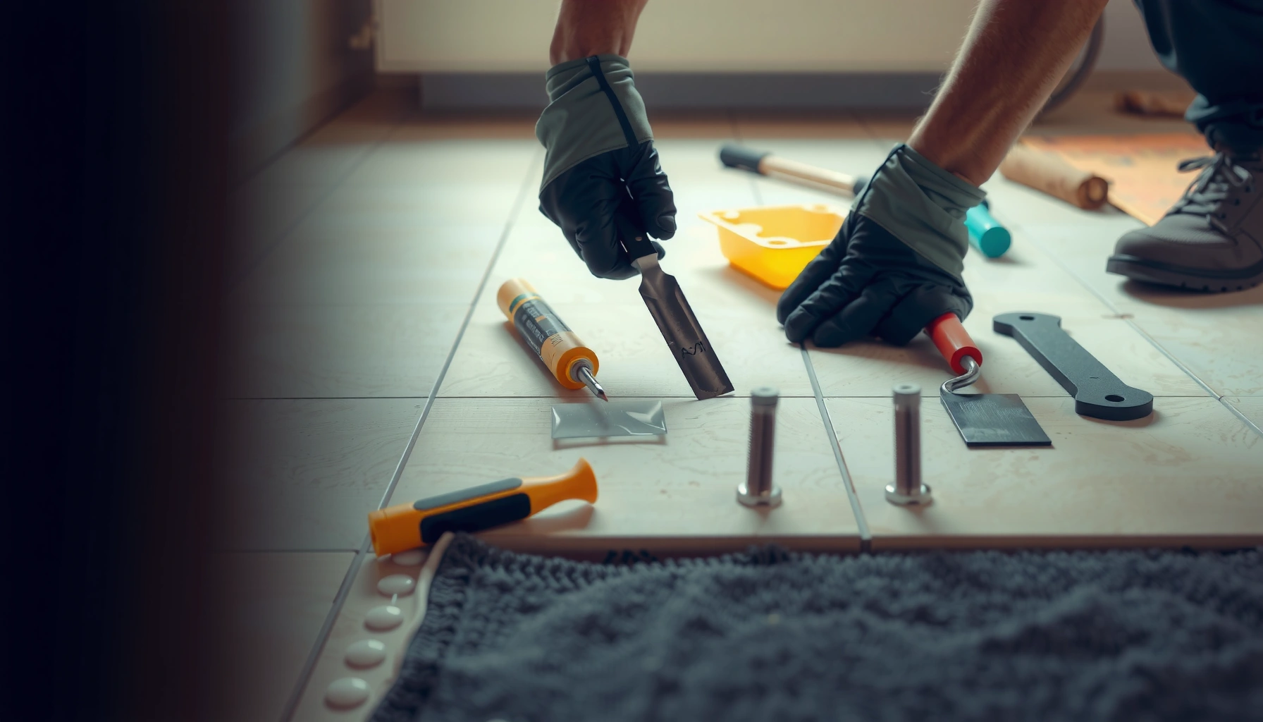 Step-by-step guide to fixing buckling in tile floors with tools and materials shown.