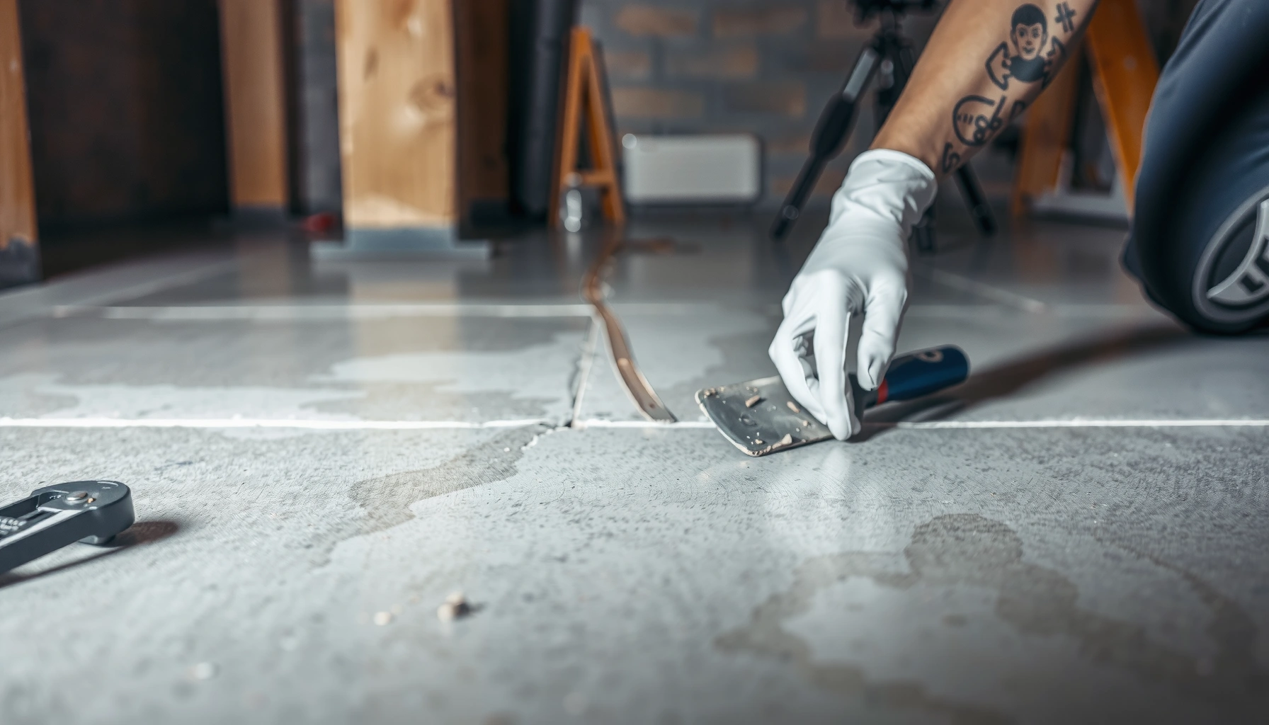 Step-by-step guide on repairing cracks in basement floors with tools and materials.