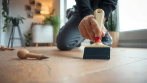 Step-by-step guide on repairing cracks in cork floors with tools and materials.