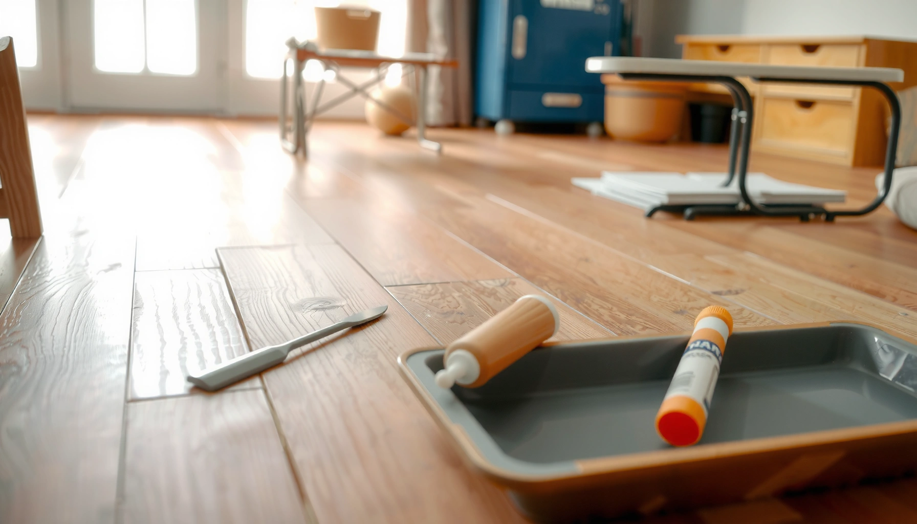 Step-by-step guide on fixing cracks in engineered wood floors with tools and materials.