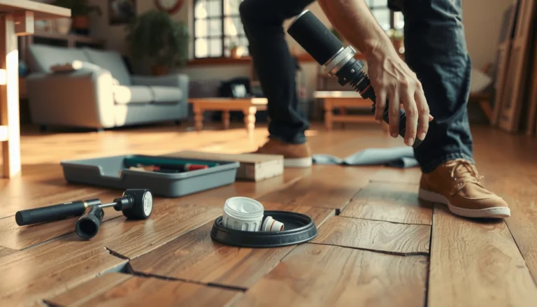 A person repairing cracks in hardwood floors using wood filler and tools for home improvement.