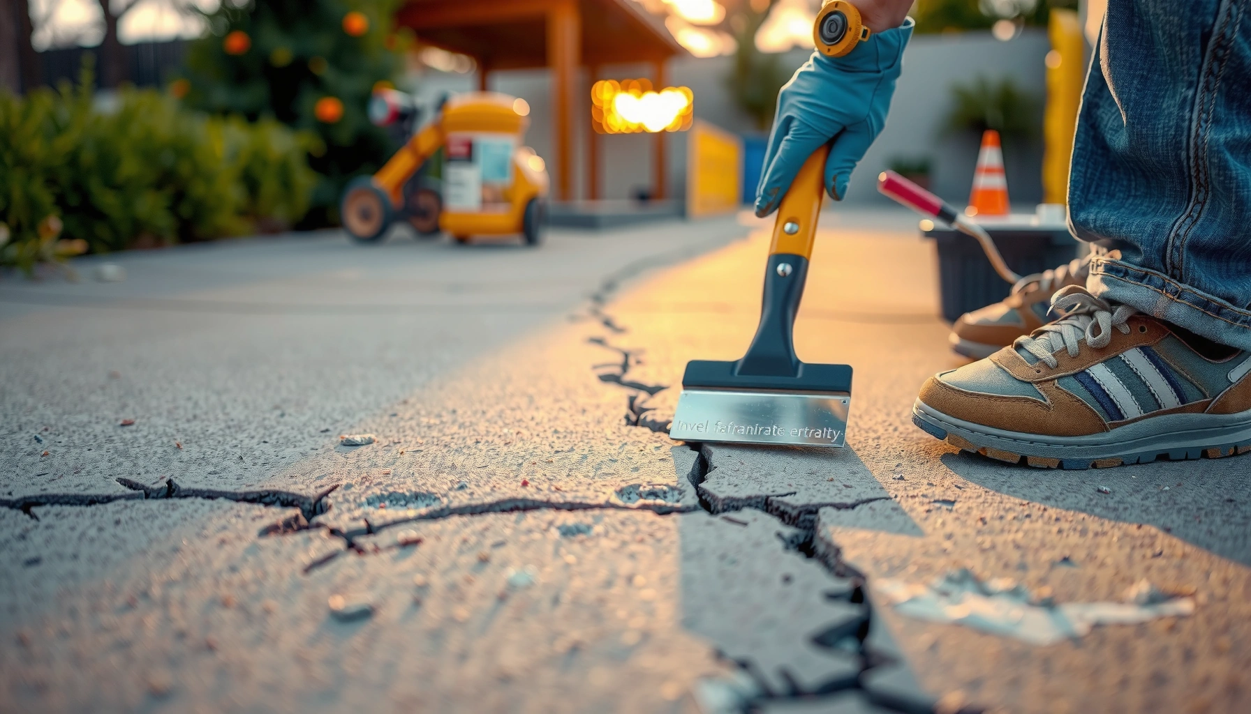 Step-by-step guide to fixing cracks in outdoor floors, showcasing repair tools and techniques.
