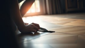 Step-by-step guide on repairing cracks in parquet floors with tools and materials.