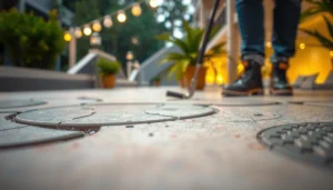 A person repairing cracks in a patio floor using concrete filler and tools.