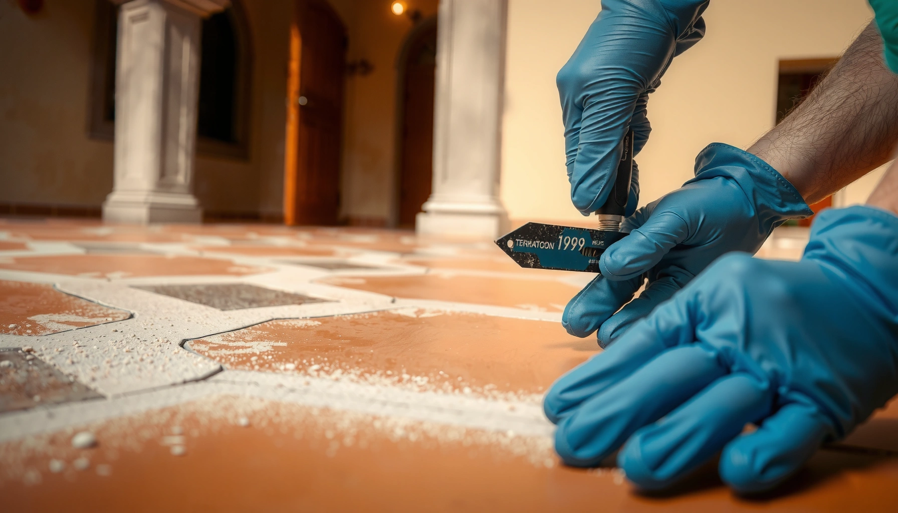 Step-by-step guide on repairing cracks in terracotta floors with tools and materials.